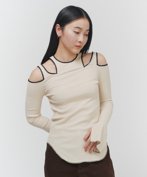 THINGS THAT MATTER（シングス ザット マター）の「NOTCH DESIGN TERECO RIB TOPS / ノッチデザインテレコリブトップス（Tシャツ/カットソー・レディース・ブラック/グレー/ピンク/ライトグレー/ベージュ/ライム/ラベンダー・FREE）」の8枚目の写真