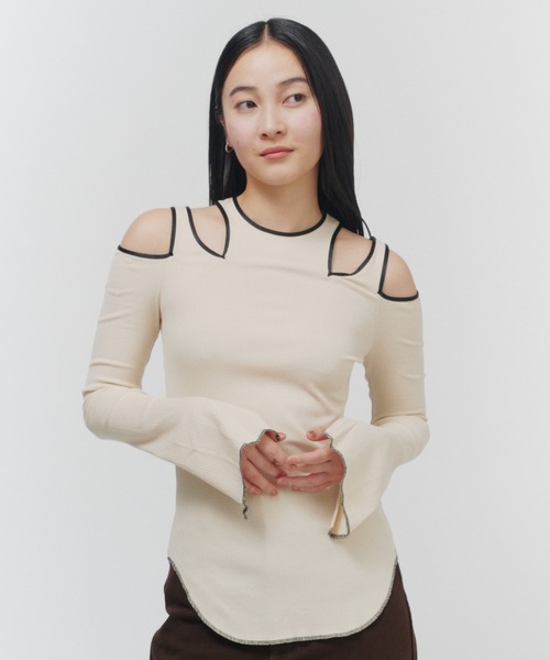 THINGS THAT MATTER(シングス ザット マター)の「NOTCH DESIGN TERECO RIB TOPS / ノッチデザインテレコリブトップス(Tシャツ/カットソー・レディース・ブラック/グレー/ピンク/ライトグレー/ベージュ/ライム/ラベンダー・FREE)」の19枚目の写真