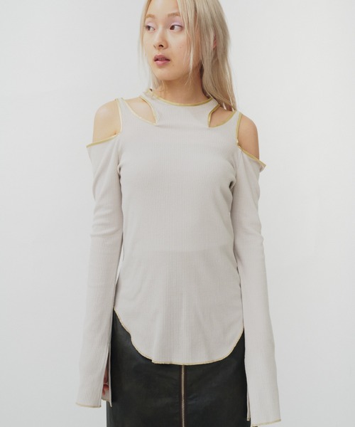 THINGS THAT MATTER(シングス ザット マター)の「NOTCH DESIGN TERECO RIB TOPS / ノッチデザインテレコリブトップス(Tシャツ/カットソー・レディース・ブラック/グレー/ピンク/ライトグレー/ベージュ/ライム/ラベンダー・FREE)」の21枚目の写真