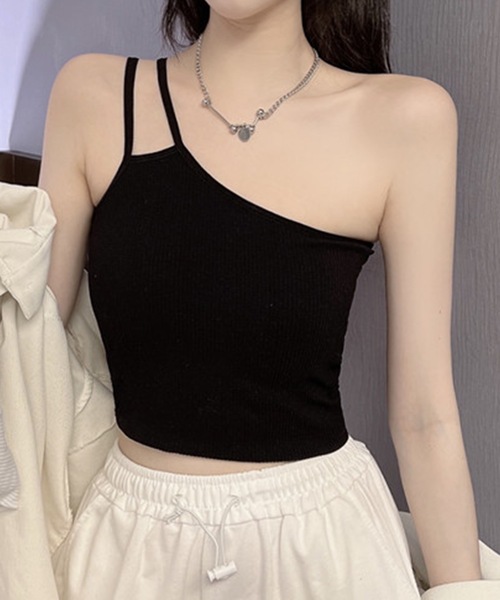Lace Ladies(レースレディース)の「ワンショルダー リブ コンパクト カップイン トップス(キャミソール・レディース・グレー/ブラック/ホワイト/モカ・FREE)」の9枚目の写真