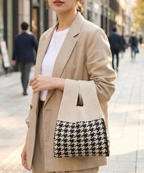 STYLEBLOCK(スタイルブロック)の「千鳥格子柄切替ミニニットトートバッグ(トートバッグ・レディース・ブラウン/レッド/グリーン/ホワイト・FREE)」の2枚目の写真