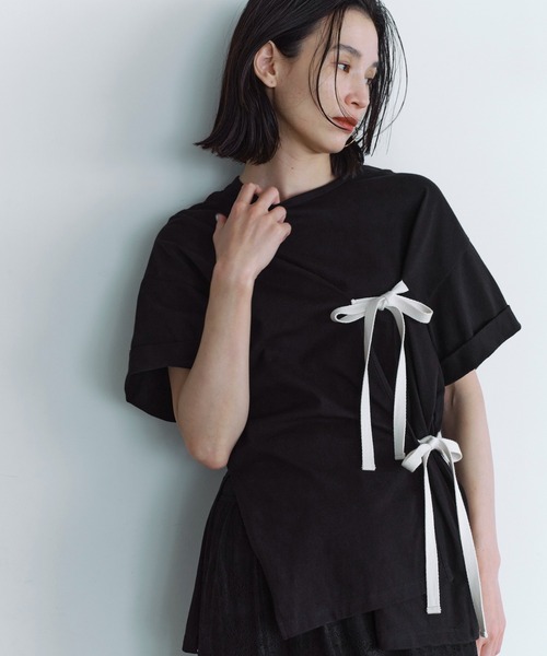 Firsthand（ファーストハンド）の「Firsthand/ファーストハンド オーガニックコットンリボンアシメトップス / 半袖Tシャツ（Tシャツ/カットソー・レディース・ホワイト/ブラック/ピンク/ブルー・FREE）」の3枚目の写真