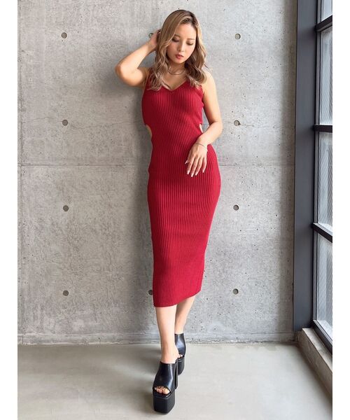 GYDA（ジェイダ）の「VネックSIDE OPENニットワンピース（ワンピース・レディース・ライトグレー/レッド/ブラック・FREE）」の3枚目の写真