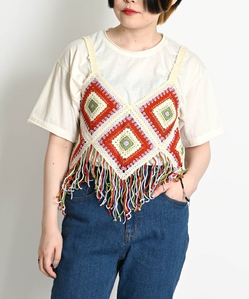 セール】クロシェ編み ボヘミアン柄 ニットビスチェ（キャミソール