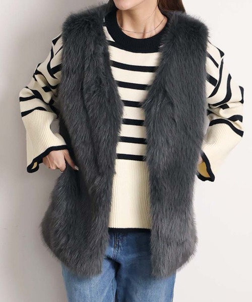 Doula Doula（ドゥーラドゥーラ）の「エコファーロングベスト（ベスト・レディース・チャコールグレー/ベージュ/ライトグレー/ブラウン・FREE）」の13枚目の写真