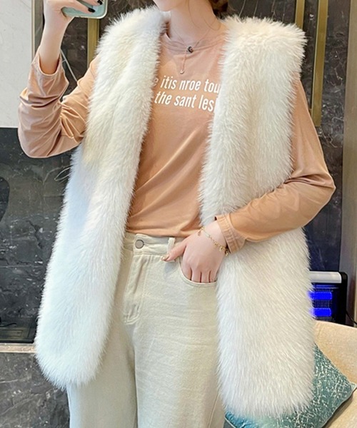 Doula Doula（ドゥーラドゥーラ）の「エコファーロングベスト（ベスト・レディース・チャコールグレー/ベージュ/ライトグレー/ブラウン・FREE）」の5枚目の写真