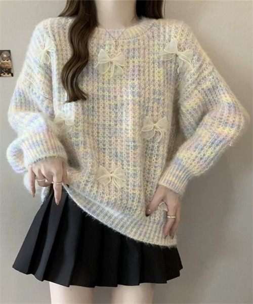 Dream garden(ドリームガーデン)の「リボン付きニットプルーオーバー(ニット/セーター・レディース・ピンク/パープル系/ブルー・FREE)」の1枚目の写真