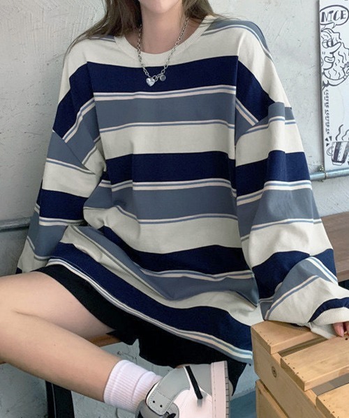Miniministore（ミニミニストア）の「ボーダー柄 スウェット 配色 トレーナー（スウェット・レディース・ネイビー/レッド・FREE）」の3枚目の写真