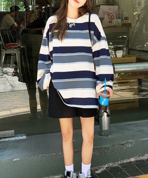 Miniministore（ミニミニストア）の「ボーダー柄 スウェット 配色 トレーナー（スウェット・レディース・ネイビー/レッド・FREE）」の5枚目の写真