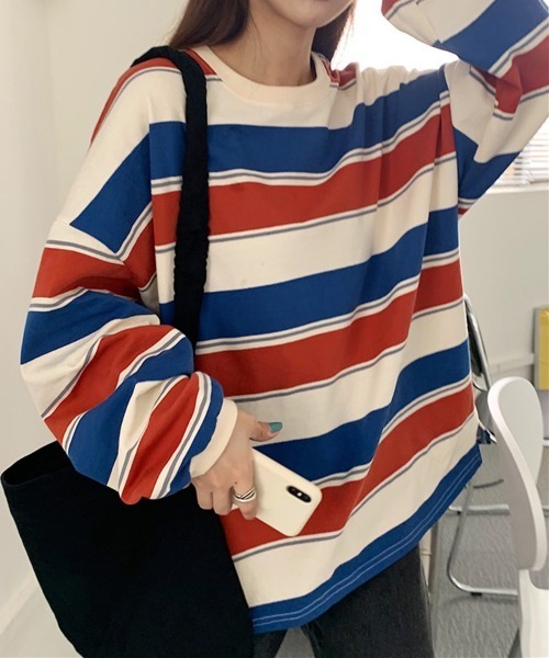 Miniministore（ミニミニストア）の「ボーダー柄 スウェット 配色 トレーナー（スウェット・レディース・ネイビー/レッド・FREE）」の7枚目の写真