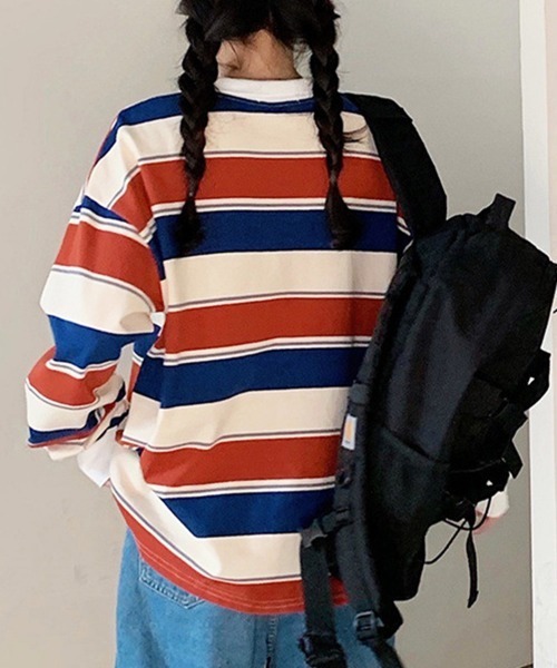 Miniministore（ミニミニストア）の「ボーダー柄 スウェット 配色 トレーナー（スウェット・レディース・ネイビー/レッド・FREE）」の9枚目の写真