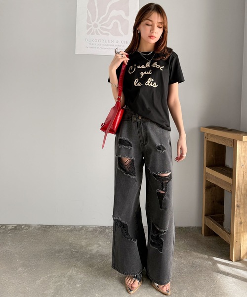 mily bilet(ミウィビレット)の「【mily bilet】カラーの魔法。軽やかに、映え!!ロゴプレート付きカラーフレンチコード刺繍Tシャツ(半袖)(Tシャツ/カットソー・レディース・ホワイト×レッド/ホワイト×グリーン/ブラック/レッド/ブラウン/オートミール・X-LARGE/SMALL/MEDIUM/LARGE)」の21枚目の写真