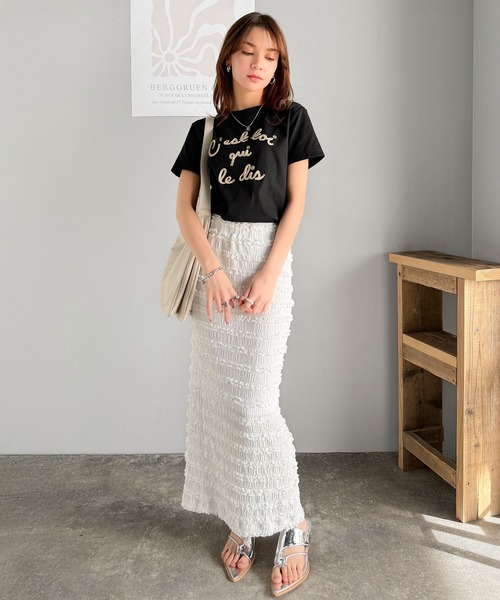 mily bilet(ミウィビレット)の「【mily bilet】カラーの魔法。軽やかに、映え!!ロゴプレート付きカラーフレンチコード刺繍Tシャツ(半袖)(Tシャツ/カットソー・レディース・ホワイト×レッド/ホワイト×グリーン/ブラック/レッド/ブラウン/オートミール・X-LARGE/SMALL/MEDIUM/LARGE)」の19枚目の写真
