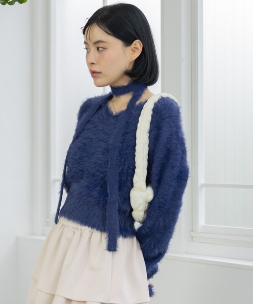 3.3 Field Trip （3.3フィールドトリップ）の「3.3 Field Trip／マフラーツキフェザーニット（ニット/セーター・レディース・グレー/ネイビー/ブラック・FREE）」の8枚目の写真