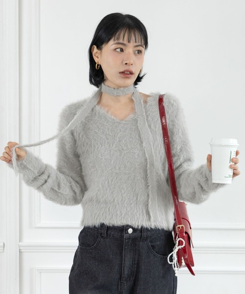 3.3 Field Trip （3.3フィールドトリップ）の「3.3 Field Trip／マフラーツキフェザーニット（ニット/セーター・レディース・グレー/ネイビー/ブラック・FREE）」の20枚目の写真