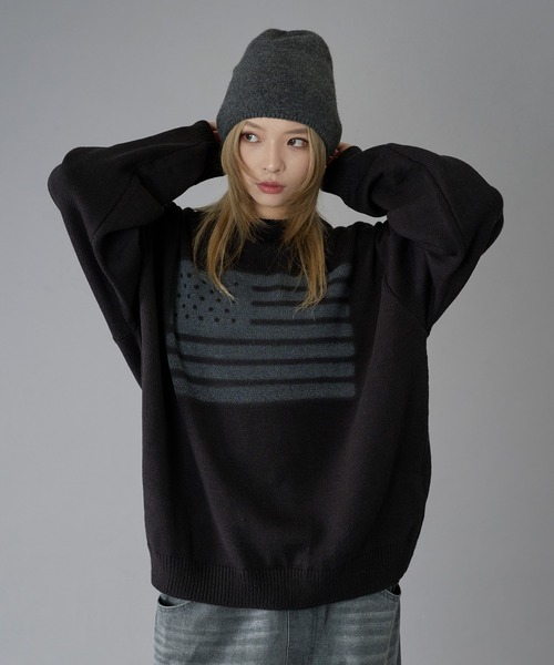 kutir（クティール）の「FLAG SPRAY DESIGN KNIT/フラッグスプレーデザインニット（ニット/セーター・メンズ・ブラック/ライトグレー/ネイビー・MEDIUM/LARGE）」の15枚目の写真