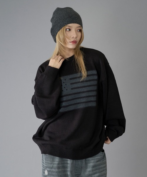 kutir（クティール）の「FLAG SPRAY DESIGN KNIT/フラッグスプレーデザインニット（ニット/セーター・メンズ・ブラック/ライトグレー/ネイビー・MEDIUM/LARGE）」の16枚目の写真