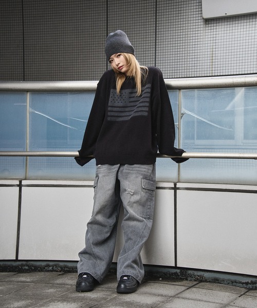 kutir（クティール）の「FLAG SPRAY DESIGN KNIT/フラッグスプレーデザインニット（ニット/セーター・メンズ・ブラック/ライトグレー/ネイビー・MEDIUM/LARGE）」の8枚目の写真