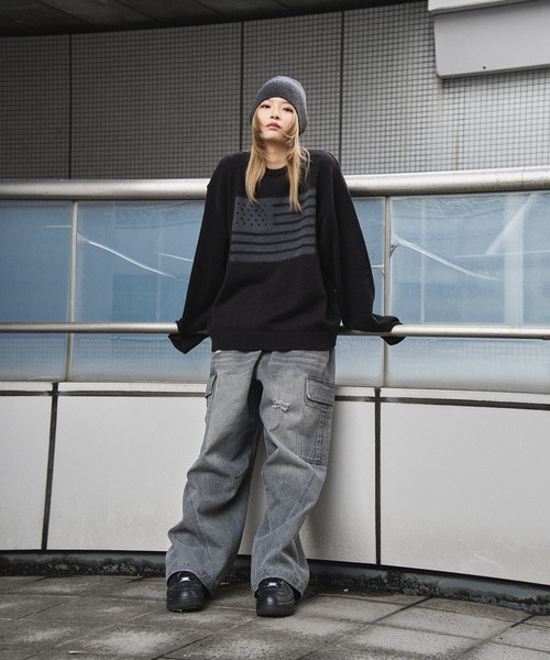 kutir（クティール）の「FLAG SPRAY DESIGN KNIT/フラッグスプレーデザインニット（ニット/セーター・メンズ・ブラック/ライトグレー/ネイビー・MEDIUM/LARGE）」の9枚目の写真