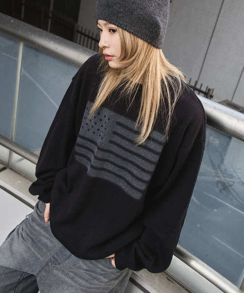 kutir（クティール）の「FLAG SPRAY DESIGN KNIT/フラッグスプレーデザインニット（ニット/セーター・メンズ・ブラック/ライトグレー/ネイビー・MEDIUM/LARGE）」の6枚目の写真