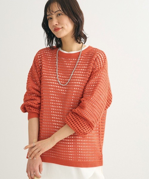 Green Parks(グリーンパークス)の「メッシュニットチュニック(チュニック・レディース・アイボリー/グリーン/オレンジ/サックスブルー・FREE)」の4枚目の写真