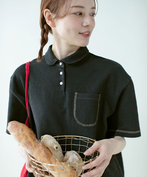 PAR ICI（パーリッシィ）の「アメリカンドライカノコ 配色ステッチポロシャツ（ポロシャツ・レディース・ブラック/アイボリー・FREE）」の6枚目の写真