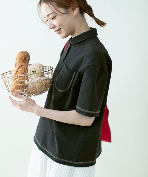 PAR ICI（パーリッシィ）の「アメリカンドライカノコ 配色ステッチポロシャツ（ポロシャツ・レディース・ブラック/アイボリー・FREE）」の4枚目の写真