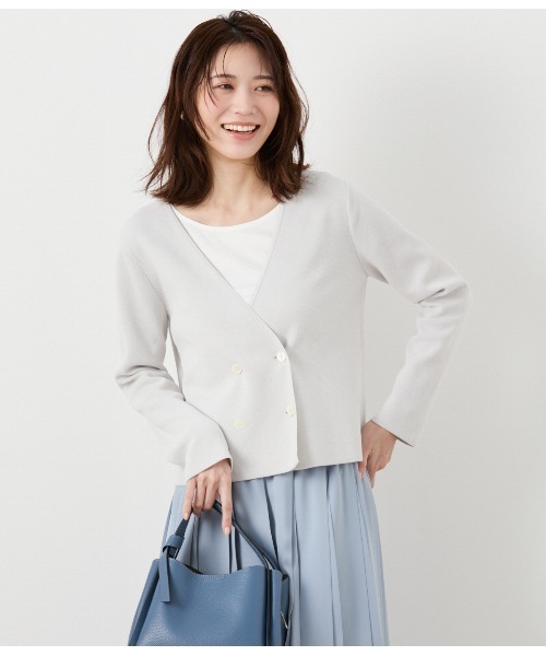 NEWYORKER(ニューヨーカー)の「コットンナイロンミラノリブ Wブレストニットジャケット(ニット/セーター・レディース・ネイビー/ライトグレー・L/M)」の1枚目の写真