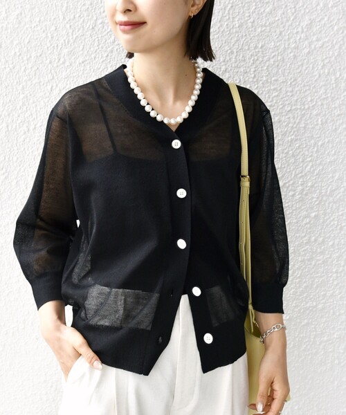 【みみみ】PLEATS PLEASE ラミー混カーディガン セール】〈手洗い可能〉ラミー混 シアー カーディガン（カーディガン