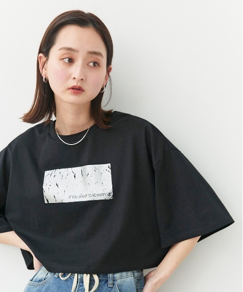 【SALEさん専用】　[SET]箔プリントBIGTシャツ+レイヤードデニム セール】オーバーサイズヴィンテージロゴ半袖メタリック箔