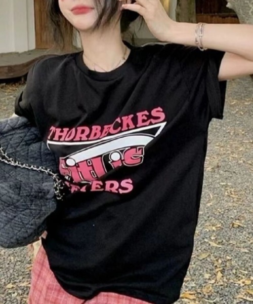 SHEENA(シーナ)の「Fit LifeロゴプリントルーズTシャツ(Tシャツ/カットソー・レディース・ブラック/レッド・M)」の1枚目の写真