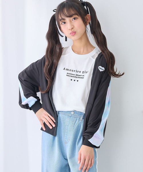 Amourire girl（アムリールガール）の「タイダイスリーブ 切替ジップアップパーカー（UV対策/紫外線対策）（パーカー・キッズ・ブラック/オフホワイト・130cm/140cm/150cm/160cm）」の2枚目の写真