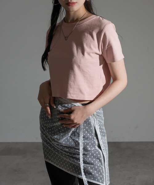 apres jour mignon(アプレジュールミニョン)の「クロップド丈Tシャツ【ZOZOTOWN限定アイテム】(Tシャツ/カットソー・レディース・ブルー系その他/グレー系その他/ピンク系その他/オフホワイト/ブラック/ライトブルー/ライトイエロー・フリー/X-LARGE)」の9枚目の写真