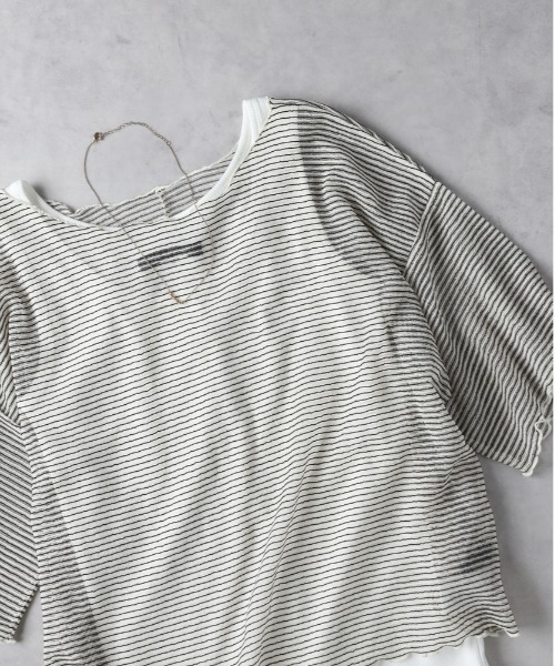 Right-on(ライトオン)の「HONEYSUCKLE ROSE(ハニーサックルローズ)【レディース】シアーボーダー半袖Tシャツ(その他トップス・レディース・ベージュ/ブラック・L/M)」の1枚目の写真