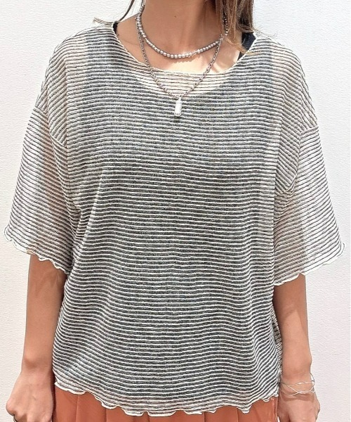 Right-on(ライトオン)の「HONEYSUCKLE ROSE(ハニーサックルローズ)【レディース】シアーボーダー半袖Tシャツ(その他トップス・レディース・ベージュ/ブラック・L/M)」の16枚目の写真