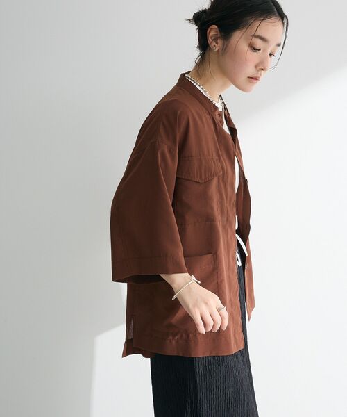 Green　Parks（グリーンパークス）の「ミリタリーシャツジャケット（ノーカラージャケット・レディース・カーキ/ブラウン/ベージュ・FREE）」の9枚目の写真