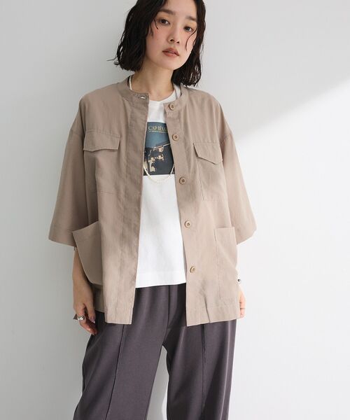 Green　Parks（グリーンパークス）の「ミリタリーシャツジャケット（ノーカラージャケット・レディース・カーキ/ブラウン/ベージュ・FREE）」の21枚目の写真