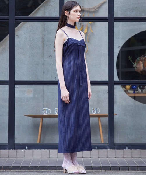 ネイビーヘリンボーンウールミディドレス 44210 Dress 