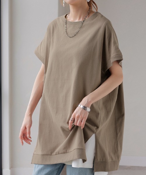 HUG.U(ハグユー)の「さらっと綿100% チュニックTシャツ(Tシャツ/カットソー・レディース・ホワイト/ダークグレー/アッシュブラウン/スモークピンク・FREE)」の3枚目の写真