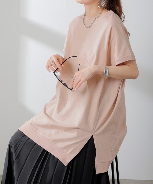 HUG.U(ハグユー)の「さらっと綿100% チュニックTシャツ(Tシャツ/カットソー・レディース・ホワイト/ダークグレー/アッシュブラウン/スモークピンク・FREE)」の7枚目の写真