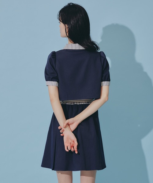 セットアップ ツイード ショート ジャケット×ワンピース 上品 ストライプアクセントショートジャケット×ワンピース