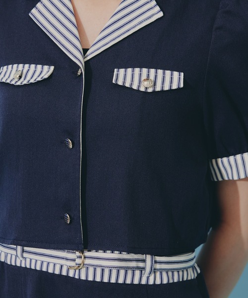 ストライプアクセントショートジャケット×ワンピース