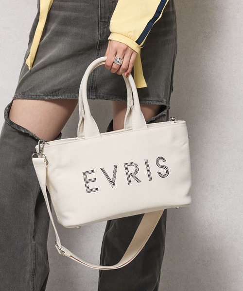 EVRIS（エヴリス）の「【EVRIS/エヴリス】ロゴファブリック　HOTFIXハンドバッグ／500mkペットボトル収納可（トートバッグ・レディース・ブラック/アイボリー/ワンウォッシュ・FREE）」の2枚目の写真