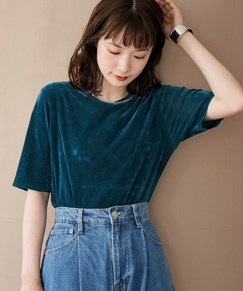 coen(コーエン)の「シアーベロアハーフスリーブTシャツ(Tシャツ/カットソー・レディース・オフホワイト/ターコイズブルー/ブラック/ライトピンク・M/L)」の3枚目の写真