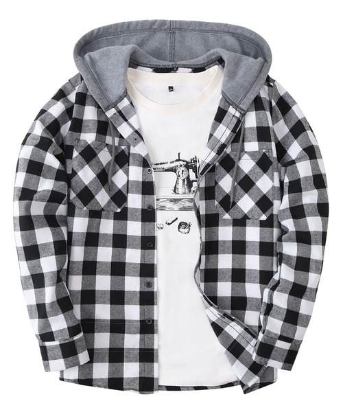 SBG（エスビー）の「SBG チェック シャツ ドッキングフーディ（パーカー・メンズ・グレー/ホワイト/ブルー/レッド・LARGE/MEDIUM）」の2枚目の写真