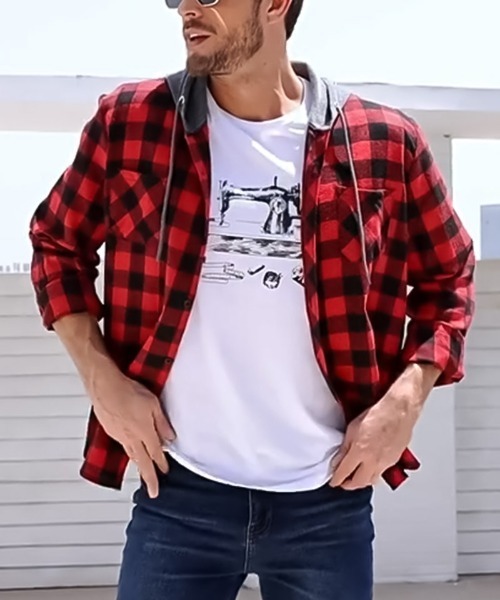 SBG（エスビー）の「SBG チェック シャツ ドッキングフーディ（パーカー・メンズ・グレー/ホワイト/ブルー/レッド・LARGE/MEDIUM）」の14枚目の写真