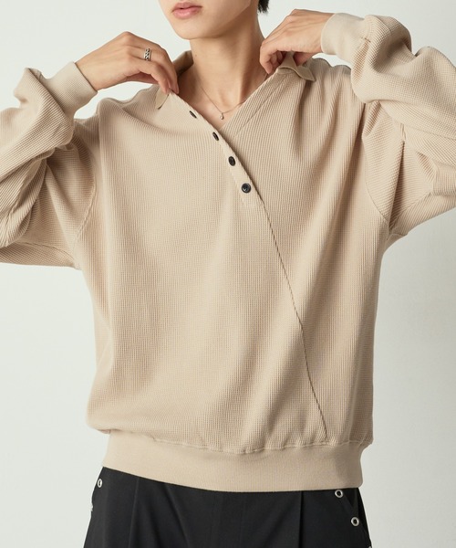 セール】Decorative button Thermal skipper Polo / フェイクボタン セール】Decorative button Thermal skipper Polo / フェイクボタン
