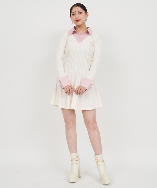 セール】オリジナルカレッジロゴシャツ付ケーブルニットミニフレア