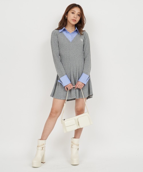 セール】オリジナルカレッジロゴシャツ付ケーブルニットミニフレア