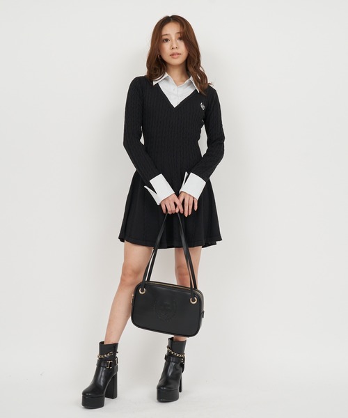 セール】オリジナルカレッジロゴシャツ付ケーブルニットミニフレア